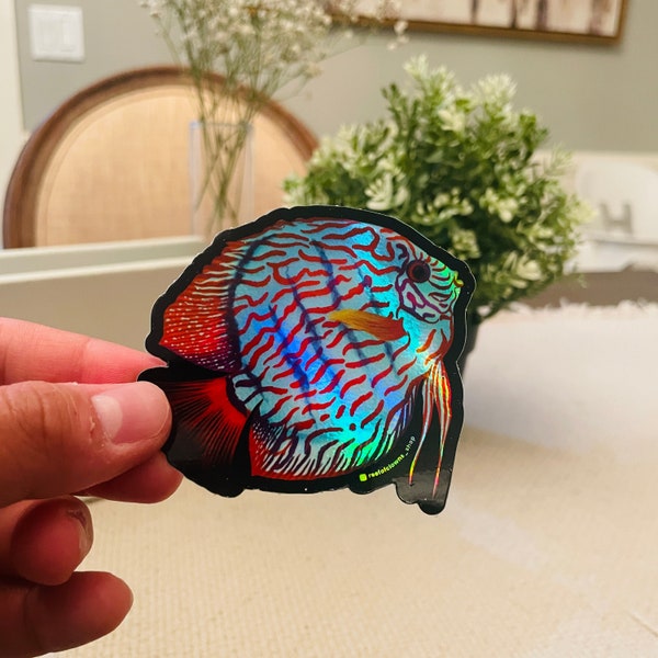 Blue Turquoise Discus Sticker (Holographic) | Fish Art Sticker | Aquarium Art | Freshwater Fish Sticker | Goldfish