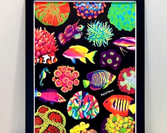 UV Reactive Blacklight Fish and Corals Poster | Awesome Addition to Reef Aquarium Hobbyists | Glow in the Dark