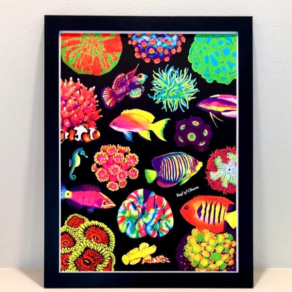 UV Reactive Blacklight Fish and Corals Poster (18"x24")  | Awesome Addition to Reef Aquarium Hobbyists | Glow in the Dark