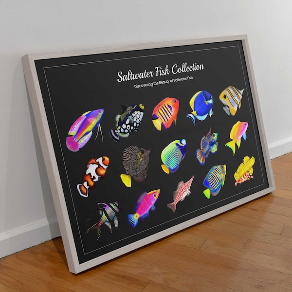 15 Hand-drawn Based Saltwater Fish Poster (Horizontal) | Awesome Reef Aquarium Addition