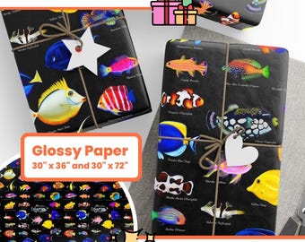 Papel de regalo con diseño de peces de agua salada inspirado en arrecifes: perfecto para amantes de los acuarios y ocasiones con temática oceánica.