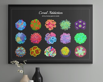 Coral Reef Poster – Vibrant Saltwater Aquarium Wall Art | Hand-Drawn Marine Life Decor | Coral Identification Print | Ocean-Inspired Artwork