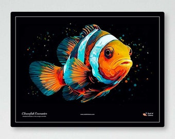 Clownfish Encounter | UV Reactive Blacklight Tapestry |  Reef Aquarium Hobbyists | Saltwater Reef Tank Art | Glow in the Dark
