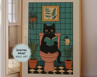 Bathroom Cat Print Funny Cat Wall Art Toilet Poster Quirky Bathroom Decor Pooping Cat Poster Humorous Bathroom Art Black Cat Funny Print