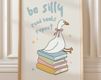 Goose Reading Art Print: Whimsical Kids Room Decor (Digital Download)