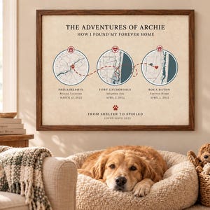 May include: A framed wall print titled THE ADVENTURES OF ARCHIE, featuring three circular maps connected by a dashed red line. The text includes Philadelphia, Fort Lauderdale, and Boca Raton with dates, plus the phrase FROM SHELTER TO SPOILED.