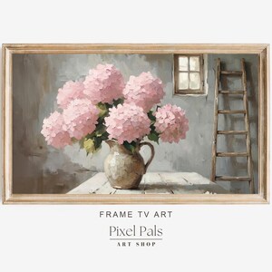 May include: A framed painting shows a still life of pink hydrangeas in a ceramic jug on a white table. A small window and a wooden ladder are in the background. The art is labeled "Pixel Pals ART SHOP".
