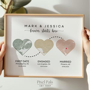 May include: A framed print with three heart-shaped maps linked by a dotted line. The text reads "MARK & JESSICA forever starts here." Beneath the hearts are the words "FIRST DATE," "ENGAGED," and "MARRIED," with locations and dates. The print is held by two hands.