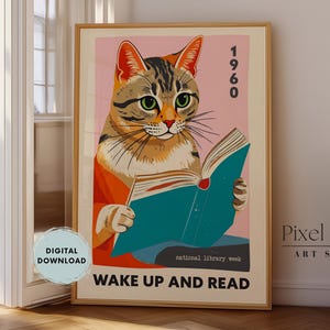 Póster vintage de gato leyendo: Arte moderno de mediados de siglo para amantes de los libros (Descarga digital)