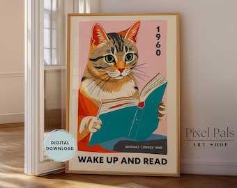 Vintage Cat Reading Poster: Mid-Century Modern Book Lover Art Digital Download