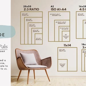 May include: A size guide for art prints, displaying different aspect ratios and dimensions in both inches and centimetres. Sizes include 20x30, 16x20, and 11x14. A chair is in the foreground. The text "Pixel Pals ART SHOP" is also visible.