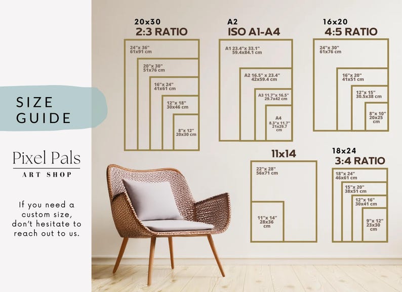 May include: A size guide for art prints, displaying different aspect ratios and dimensions in both inches and centimetres. Sizes include 20x30, 16x20, and 11x14. A chair is in the foreground. The text "Pixel Pals ART SHOP" is also visible.