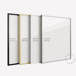 May include: Four rectangular picture frames arranged in a row, featuring thin metal borders in black, gold, white, and silver. Each frame contains a blank white insert. Text labels on the frames read Black Metal, Gold Metal, White Metal, and Silver Metal.