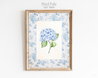 Stampa di ortensie blu Grandmillennial Cottagecore Coastal Wall Art (download digitale)