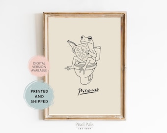 Retro Frog on Toilet Print | Quirky Bathroom Wall Decor | Funny Frog Artwork | Vintage Line Art Poster | UNFRAMED