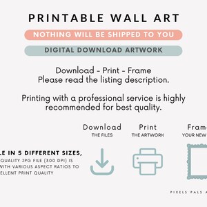 May include: Digital printable wall art graphic with text: "Printable Wall Art," "Nothing Will Be Shipped To You," and "Digital Download Artwork." Instructions include download, print, and frame. Includes icons for download, print, and frame.