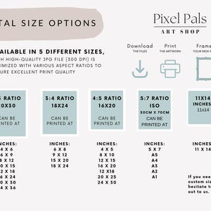 May include: Digital art size options are shown, including 2:3, 3:4, 4:5, and 5:7 ratios, and 11x14 inches. The image displays various sizes in inches, such as 4x6, 6x8, 8x10, and more. The text also includes the Pixel Pals Art Shop logo.