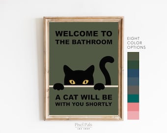 Funny Cat Bathroom Print, Vintage Toilet Humor Wall Decor