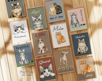 May include: A collection of framed art prints featuring various pets. The prints showcase detailed illustrations of cats, a dog, and a chihuahua, each with a name displayed. The color palette includes shades of brown, gray, and orange, with text that reads "Pixel Pals ART SHOP."