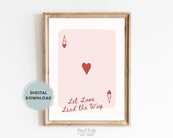 Carta de juego retro roja y rosa con la frase "Qué suerte tenemos" de As de corazones, impresión digital