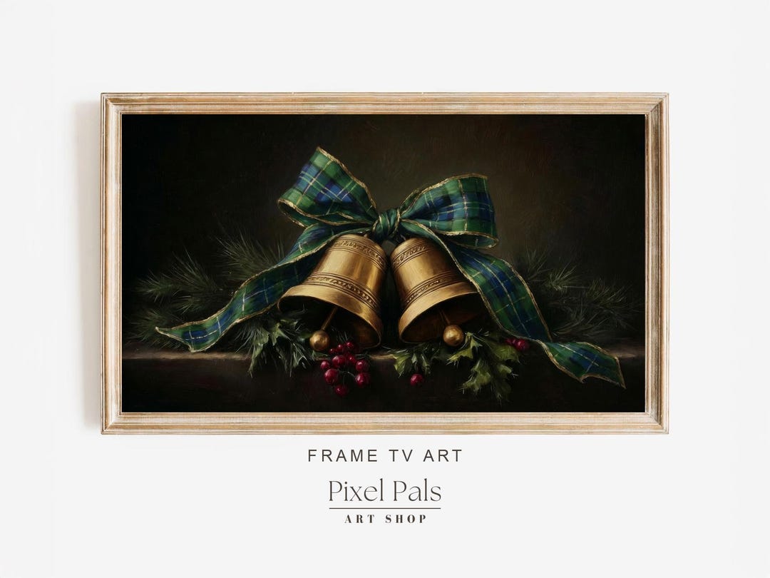 Bells Photo Frame Christmas Bells Frame TV Art, Gold Bells Tartan Bow (digital Download ...