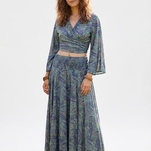 Royal Indigo Paisley Silk-Blend Co-Ord Set – Bohemian Wrap Top & Maxi Skirt