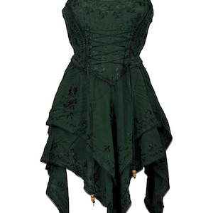 May include: Dark green dress with adjustable spaghetti straps and a lace-up bodice. The dress features embroidered floral details and a tiered, asymmetrical hemline. Wooden beads adorn the hemline. A bohemian style dress.