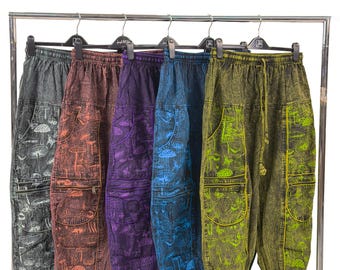 Handmade Nepal Mushroom Print Cargo Pants – Boho Cotton Harem Trousers