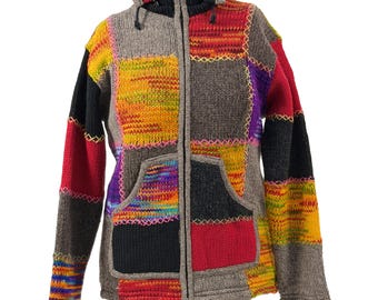 Nepal Himalayan 100% Wool Embroidered Patchwork Hoodie – Hand-Knit Jacket with Fleece Lining