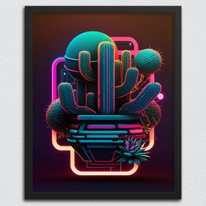 Cactus Vaporwave Aesthetic Wall Art Print 80s Retro Psychadelic Abstract Framed Art Retrowave Synthwave Cacti