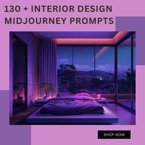 Può includere: Una camera da letto con un letto, un comodino e una grande finestra con vista sullo skyline di una città di notte. La stanza è illuminata da luci viola e rosa. Il testo "SHOP NOW" è nell'angolo in basso a destra dell'immagine.