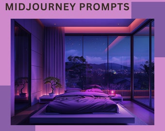 May include: A bedroom with a bed, nightstand, and a large window with a view of a city skyline at night. The room is lit with purple and pink lights. The text "SHOP NOW" is in the lower right corner of the image.