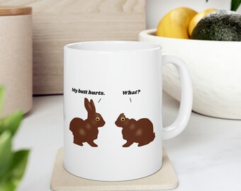 Funny Easter Ceramic Mug 11oz (0.33 l) featuring three partially eaten Chocolate Easter Bunnies