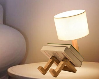 Lámpara de mesa creativa con forma de robot de madera, lámpara de escritorio de lectura para estudio interior, luz nocturna decorativa de escritorio moderna nórdica