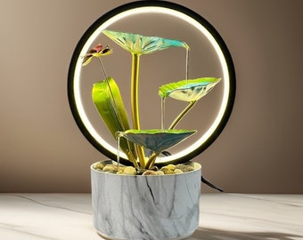 Lotus Leaf Tabletop- Mini Waterfall Fountain with LED ring light & Natural River Stone- Relax and Decoration for cozy room