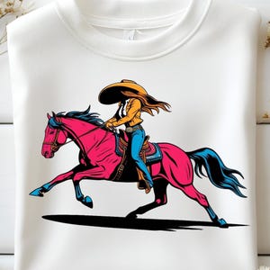 Western Cowgirl Riding Horse Digital Drawing PNG, Instant Download Rodeo Wild West Sticker, Transparent Background Sublimation Design