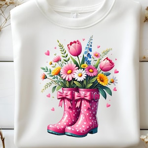 Spring Boots Png, Floral Rain Boots Png, Pink Garden Boots Clipart, Cute Flower Bouquet Png, Transparent Background Spring Art, Flower PNG