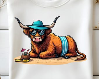 Funny Highland Cow Beach Vibes PNG: Summer Cow Lover (Digital Download)