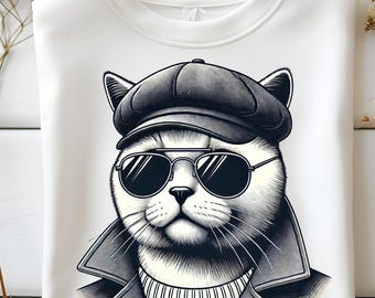 Cool Cat with Glasses PNG, Retro Feline Clipart (Digital Download)