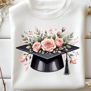 Graduation Cap With Flowers Svg Png | Floral Graduate Hat Sublimation Design For Cricut | Elegant Pink Rose Graduation Clipart For DIY Craft