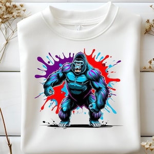Neon Gorilla PNG, Colorful Gorilla Digital Download, Wild Animal Art Clipart, Vibrant Jungle Beast Sublimation, Powerful Gorilla Png