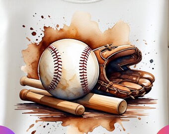 Retro Baseball Clipart: Vintage Watercolor Glove, Bat & Ball (PNG, SVG, PDF)