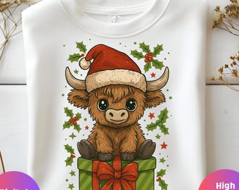 Vaca navideña de las Tierras Altas PNG – Clipart de Papá Noel (Descarga digital)