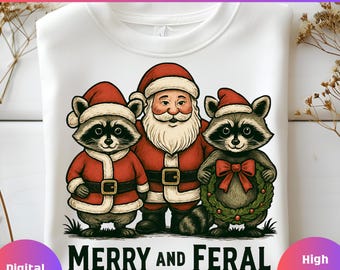 Funny Christmas Raccoon PNG: Merry and Feral Clipart (Digital Download