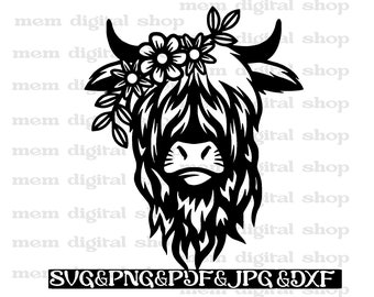 Floral Highland Cow SVG PNG, Cute Cow Clipart (Digital Download)