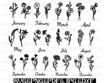 Birth Month Flower Clipart Bundle: Wildflower Botanical Designs (SVG, PNG, DXF)