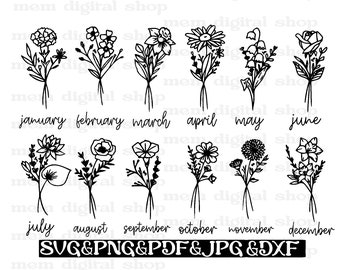 Birth Month Flower SVG Bundle: Wildflower Clipart (Digital Download)