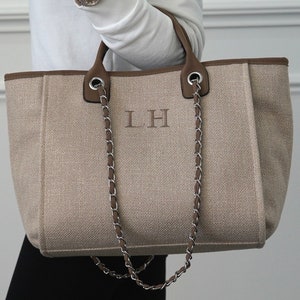 GEPERSONALISEERDE GEBORDUURDE monogramschoudertas met ketting, aangepaste draagtas, gepersonaliseerde vakantietas, gepersonaliseerde eerste tas, canvas draagtas