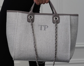 Embroidered Canvas Tote Bag: Personalized Monogram, Removable Chain