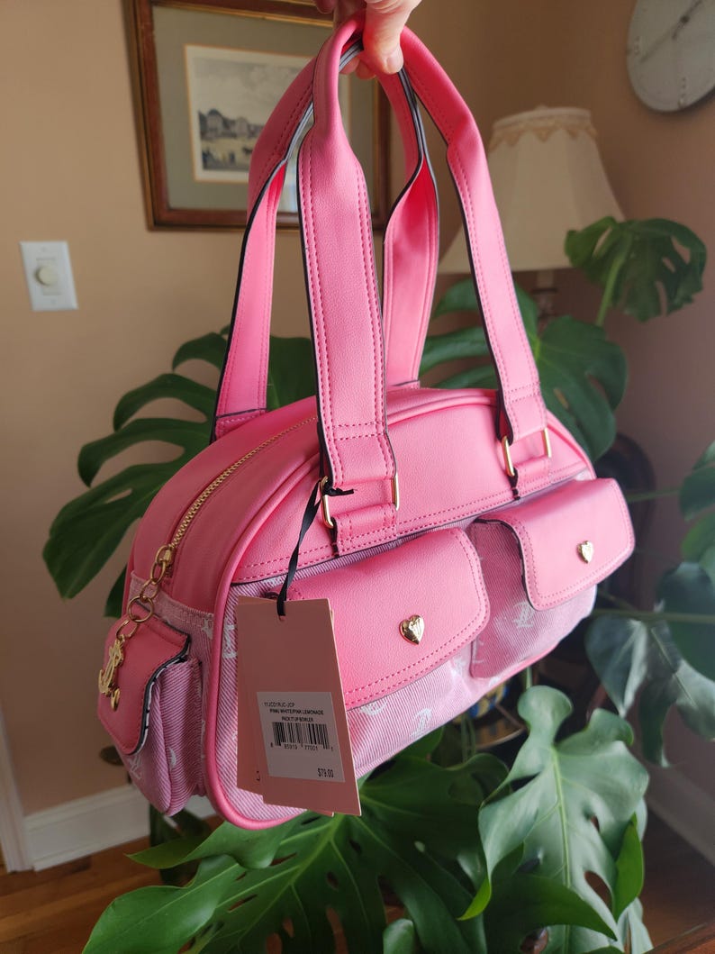 Juicy Couture pink and white lemonade pack it up bowler shoulder bag 2 front pockets accent and printed logo all over the purse image 3